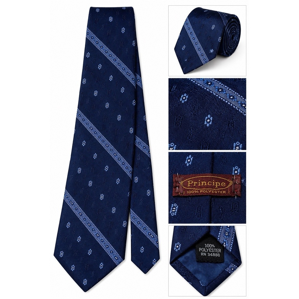 Vintage Principe Blue Stripe Necktie Mens Classic Short Polyester Tie Retro